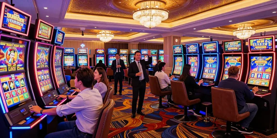Exciting casino scene featuring players enjoying slot machines, showcasing vibrant lights and celebrations.