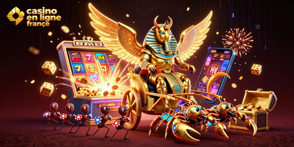 Vivez l'expérience de casino en ligne France avec un scarabée colossal et des scorpions dans une illustration dynamique.