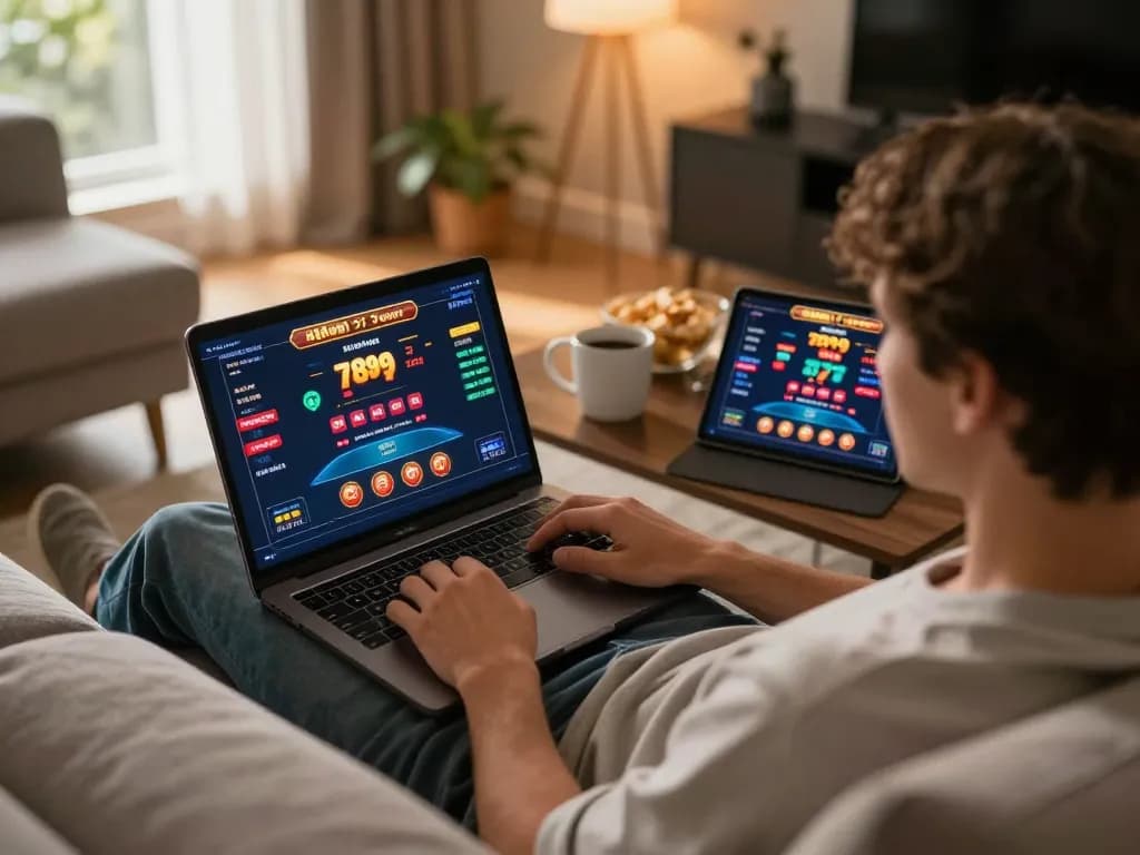Engaging in online gaming at home with 789win 37 on laptop, cozy atmosphere.