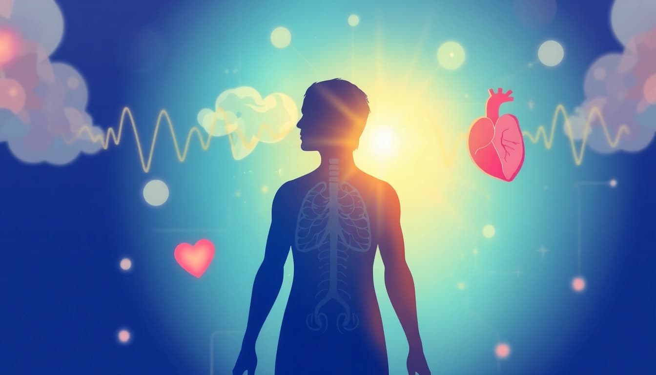 Menggambarkan hubungan Pikiran dan penyakit dengan ilustrasi interaktif yang melibatkan kesehatan mental dan fisik.