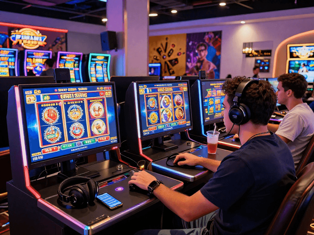 Player enjoying slots with buy free spins at modern online casino setup with colorful screens and vibrant atmosphere.