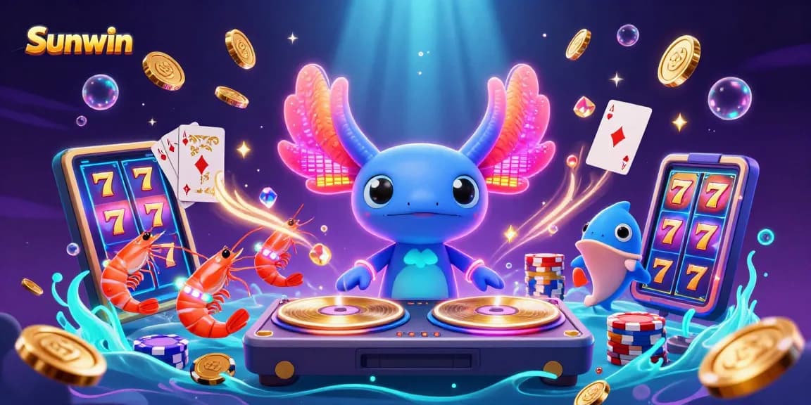 Sunwin brings excitement through a vibrant underwater casino scene featuring neon axolotl DJ and colorful game elements.