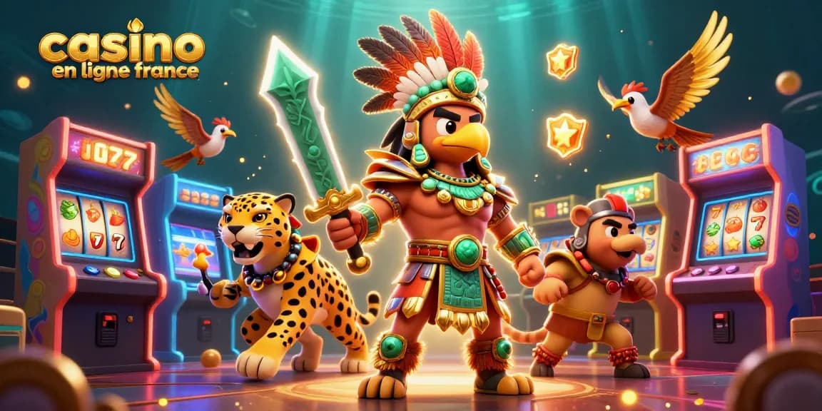 Gagnez avec casino en ligne France dans une illustration 3D dynamique de guerriers aztèques, machines à sous et jackpot.