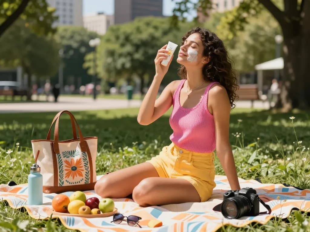Individual applying face spf sunscreen in a vibrant park during summer, surrounded by greenery and picnic items.