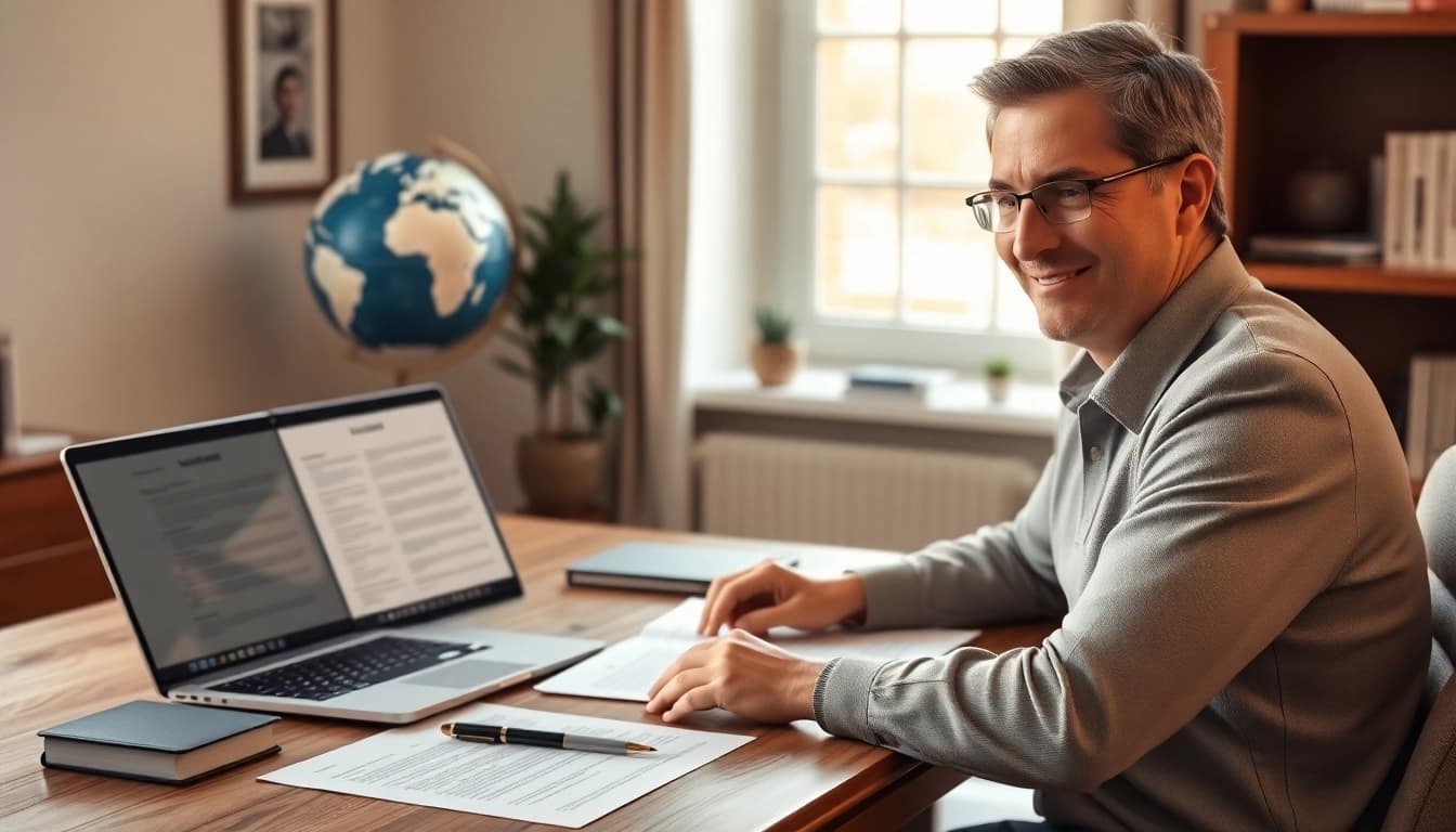 Professional translator engaged in traduzione giurata in a well-lit office.