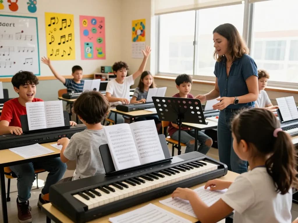 Students learning to play the go 88 digital piano in an inspiring music classroom filled with sunlight and musical notes.
