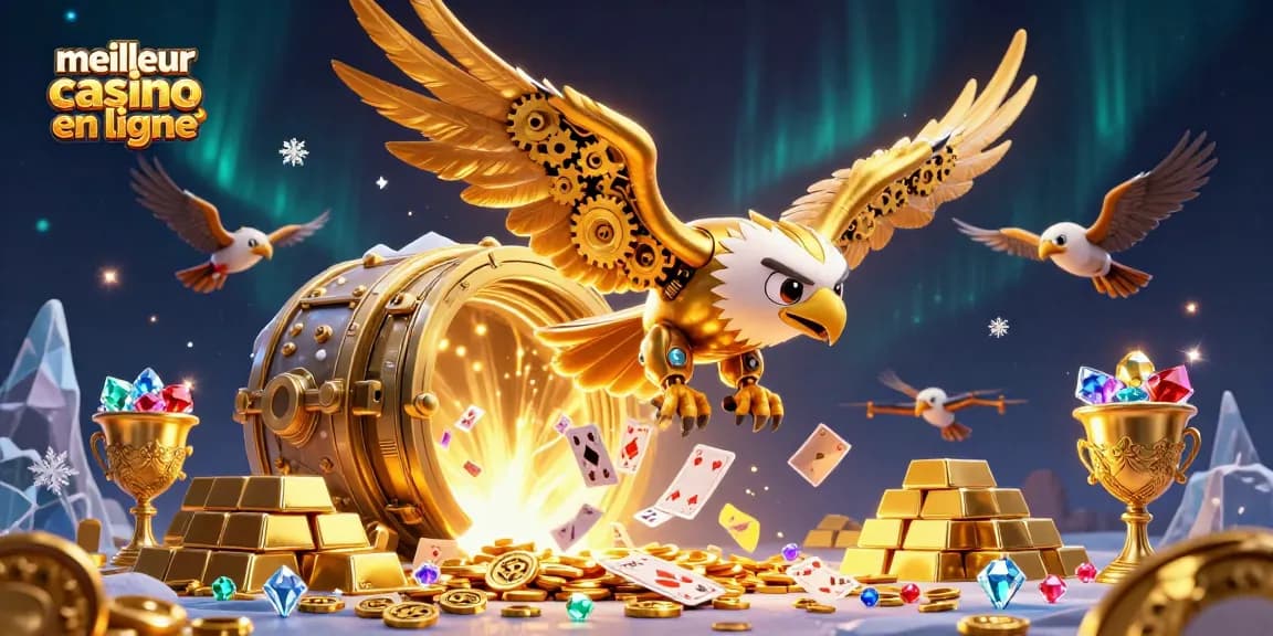 Découvrez le meilleur casino en ligne avec une illustration d'une aigle cybernétique et des éléments de jeu flashy.