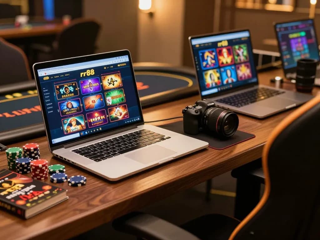 Engaged player analyzing rr88 casino strategies on laptop with colorful games displayed