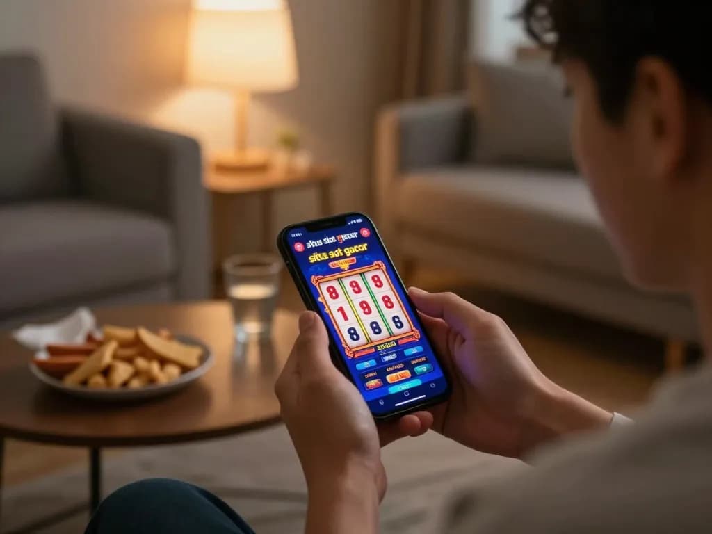 Playing “situs slot gacor” on a mobile app during a cozy evening at home, showcasing dynamic gameplay.