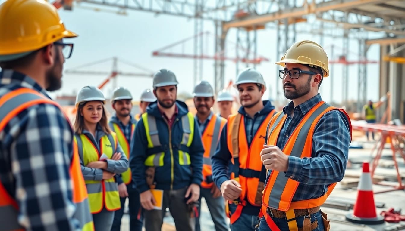 Engaged trainees in a construction safety training session demonstrating harness use and safety measures.