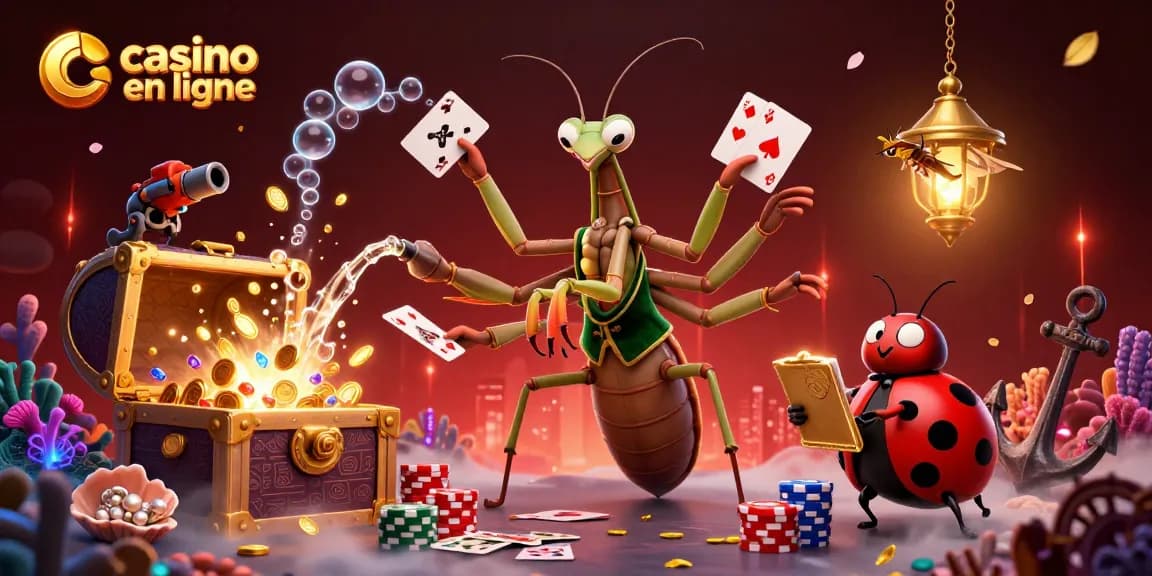 Plongez dans l'univers du casino en ligne avec un caméléon de cartes et des éléments marins colorés.