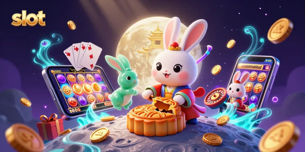 Slot yang menampilkan kelinci bulan memukul bulan kue dengan chip poker di dalamnya, sekelilingnya terdapat elemen kasino.