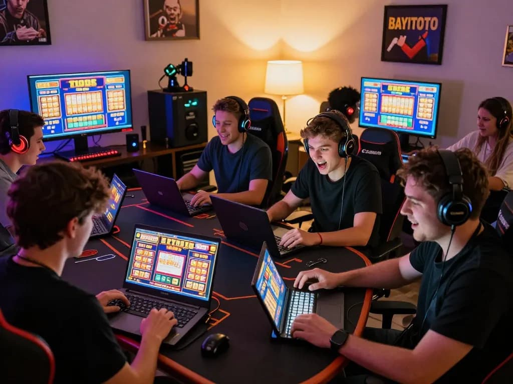 BAYITOTO gaming scene with players enjoying slot games and toto togel online in a vibrant home setting.