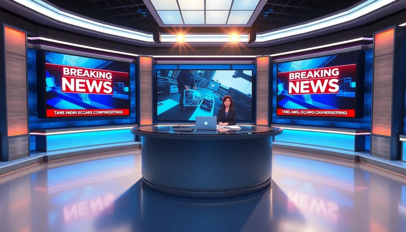 Broadcasting news in a dynamic studio featuring screens with headlines
