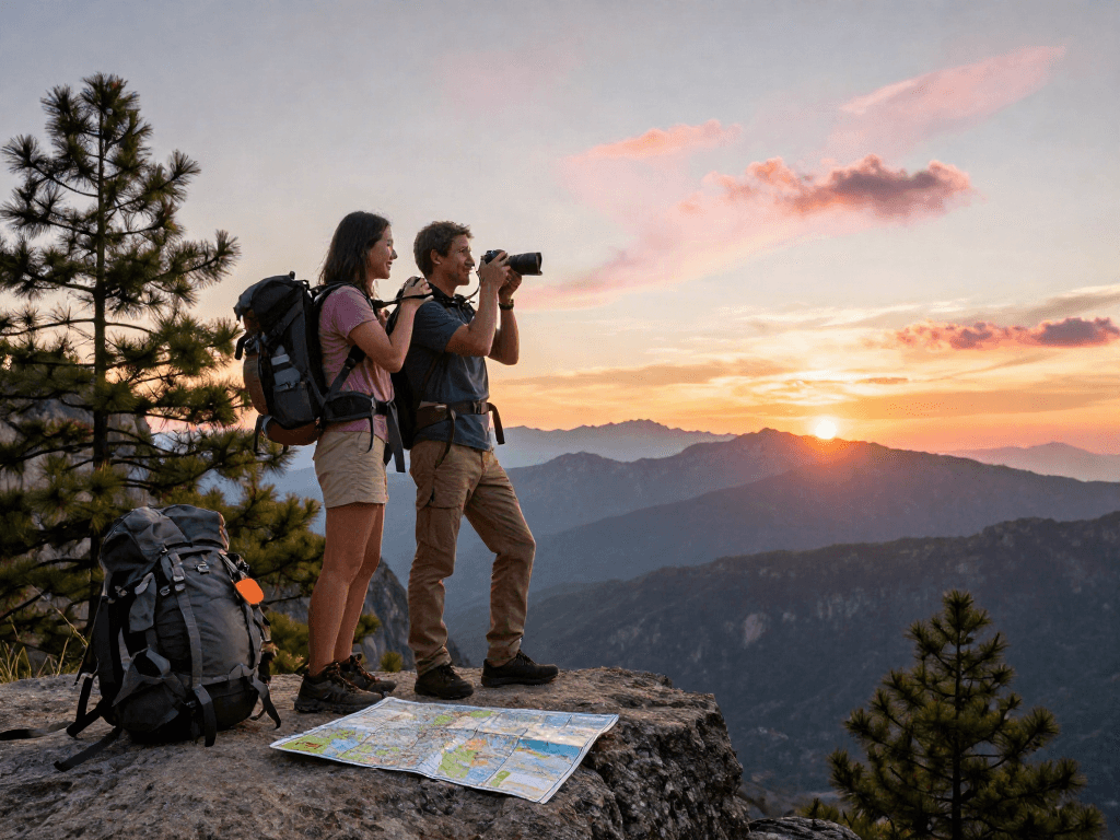Couple enjoying a sunset view with a rokok88 link for travel adventures and scenic exploration.