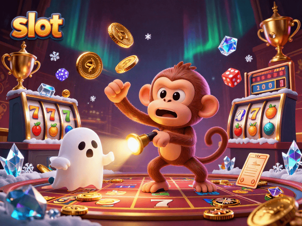 Slot dengan karakter kera poltergeist dan anjing pemburu hantu di kasino berhantu.