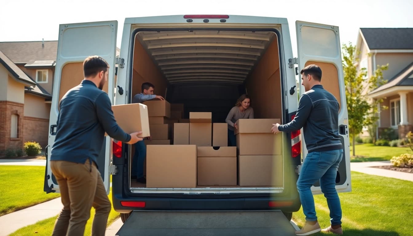 House removal companies loading boxes into a moving van in a bright suburban setting.