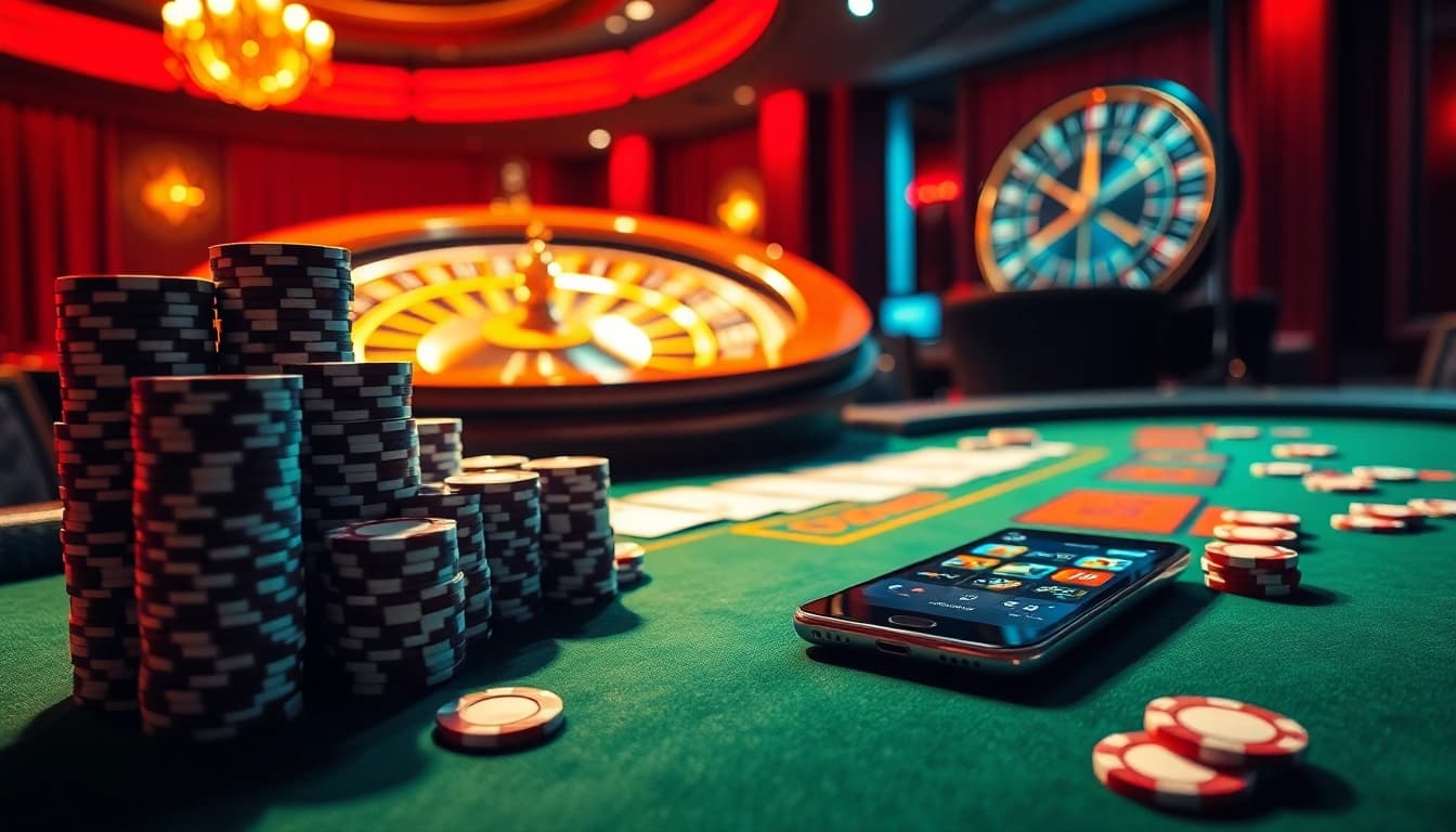 Experience the thrill of the okwin game at a luxurious casino table filled with vibrant poker elements.