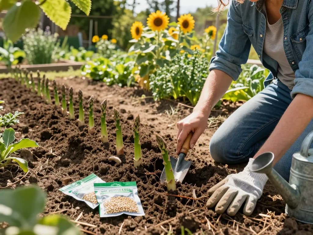 Gardener planting groene asperges zaaien in a lush vegetable garden, showcasing vibrant sprouts and gardening tools.
