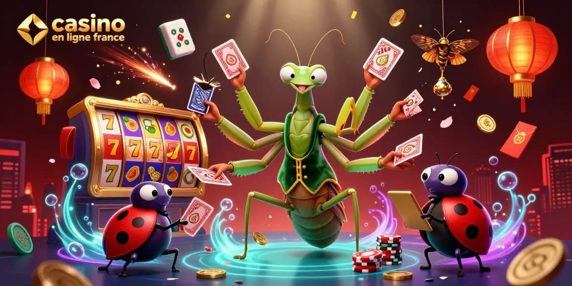 Illustration animée d'un casino en ligne France, mettant en vedette un mante religieuse géant et un gérant symbolique.