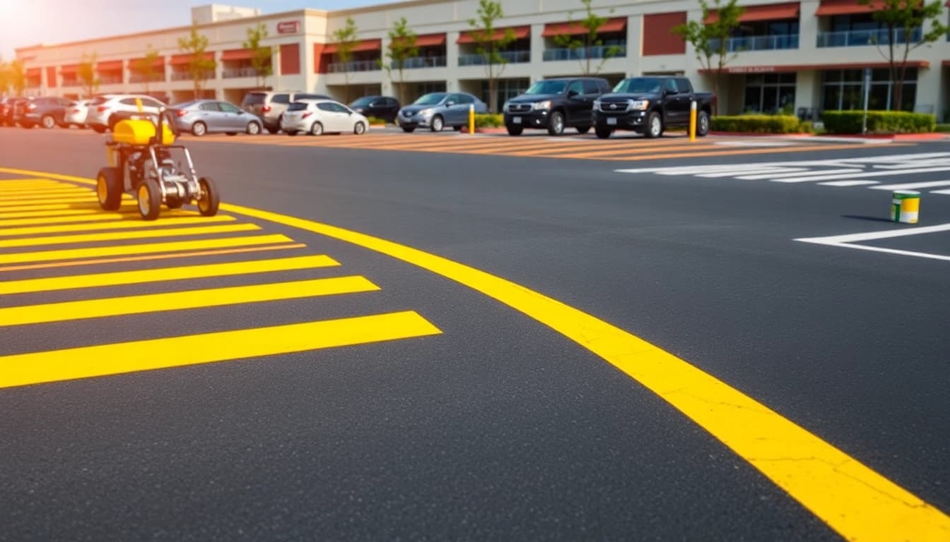 Showcasing parking lot striping Madison MS with freshly painted lines and a professional setting
