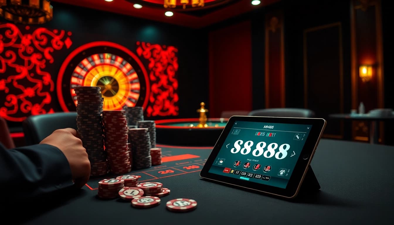 Engaging gaming scene at Nhà cái MM88 featuring a luxurious poker table and vibrant roulette wheel.