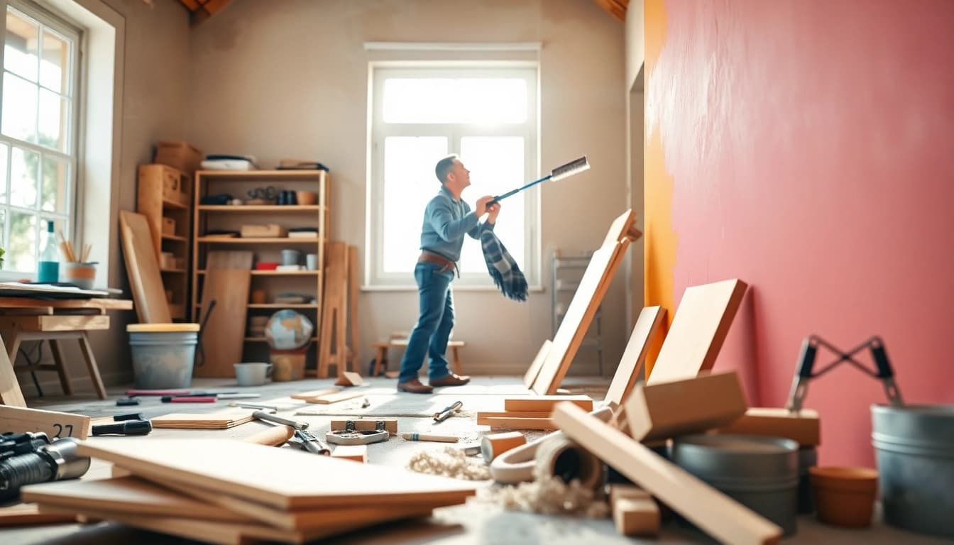 Enhance your home renovation with a skilled contractor applying fresh paint in a bright workshop.