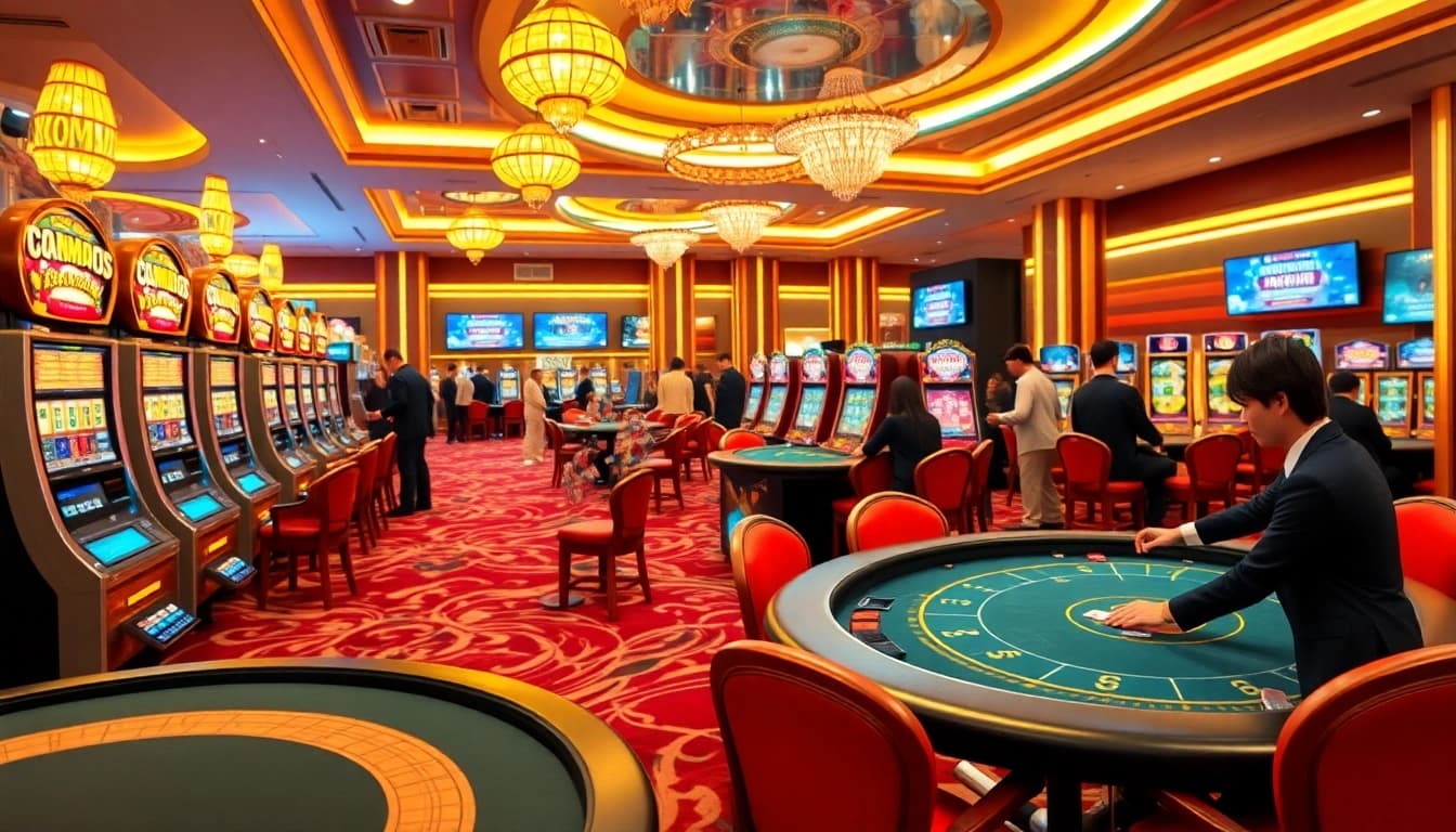 Players engaging with MM88 casino tables and vibrant slot machines, showcasing excitement.