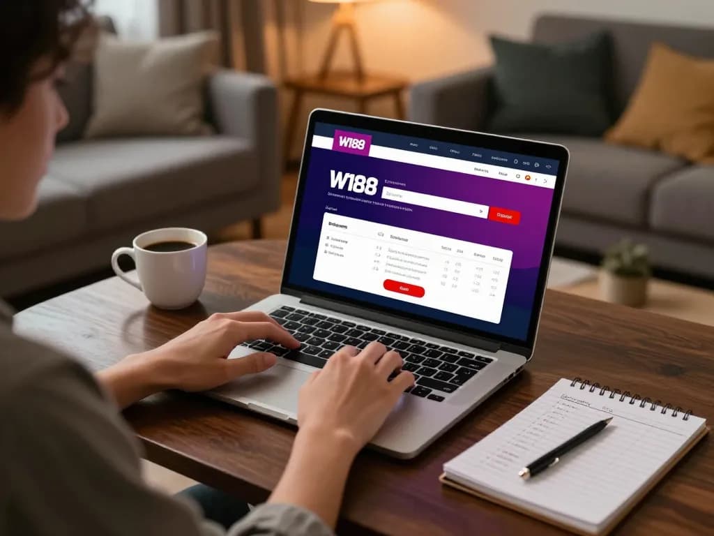 Person engaging in W188 bet online gaming from a cozy home setup with betting strategies visible.