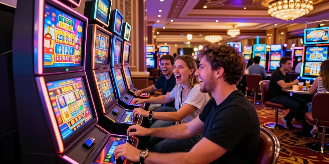Excited friends playing a colorful slot machine in a vibrant casino setting, showcasing the thrill of gaming.