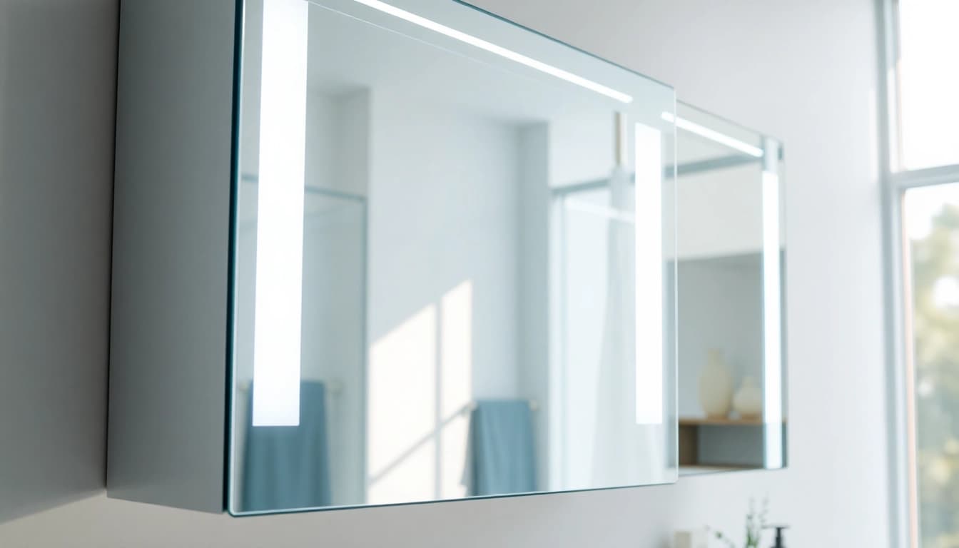 Spiegelschrank mit LED Beleuchtung, modernes Design und praktischen Stauraum im Badezimmer.