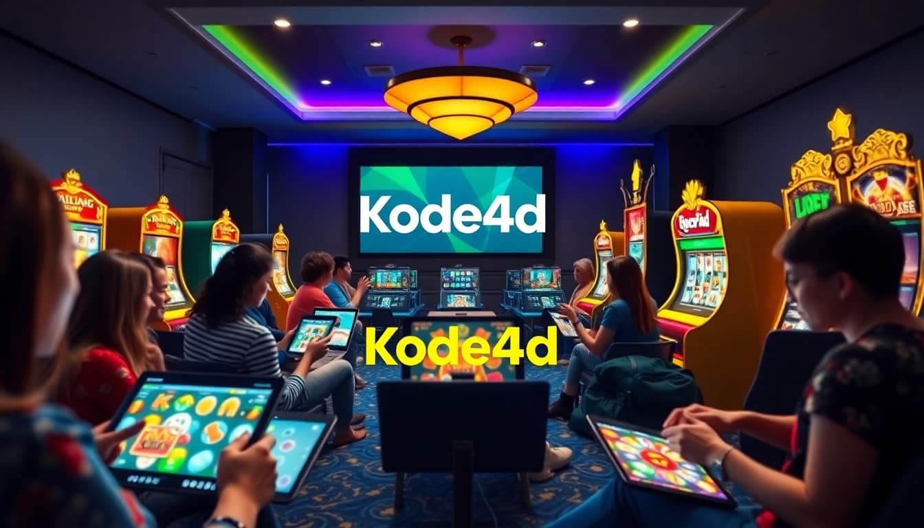 Engaging online gaming experience with Kode4d logo and diverse players enjoying slot games