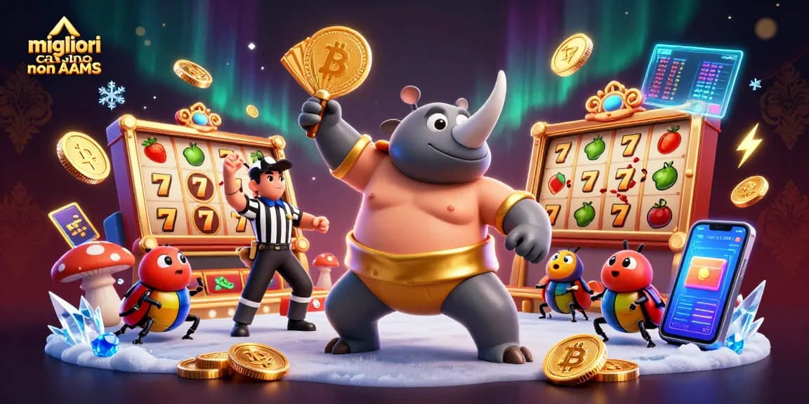 Scopri i migliori casino non AAMS con il campione scarabeo e simboli di gioco colorati.