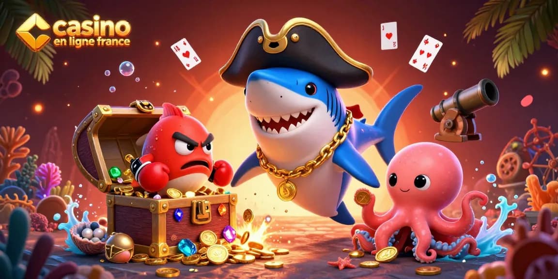 Jouer à des jeux captivants dans un casino en ligne France avec un requin pirate et un poulpe.