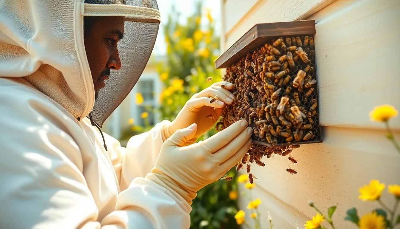 Expert performing honey bee hive removal near a garden, showcasing safety and care.