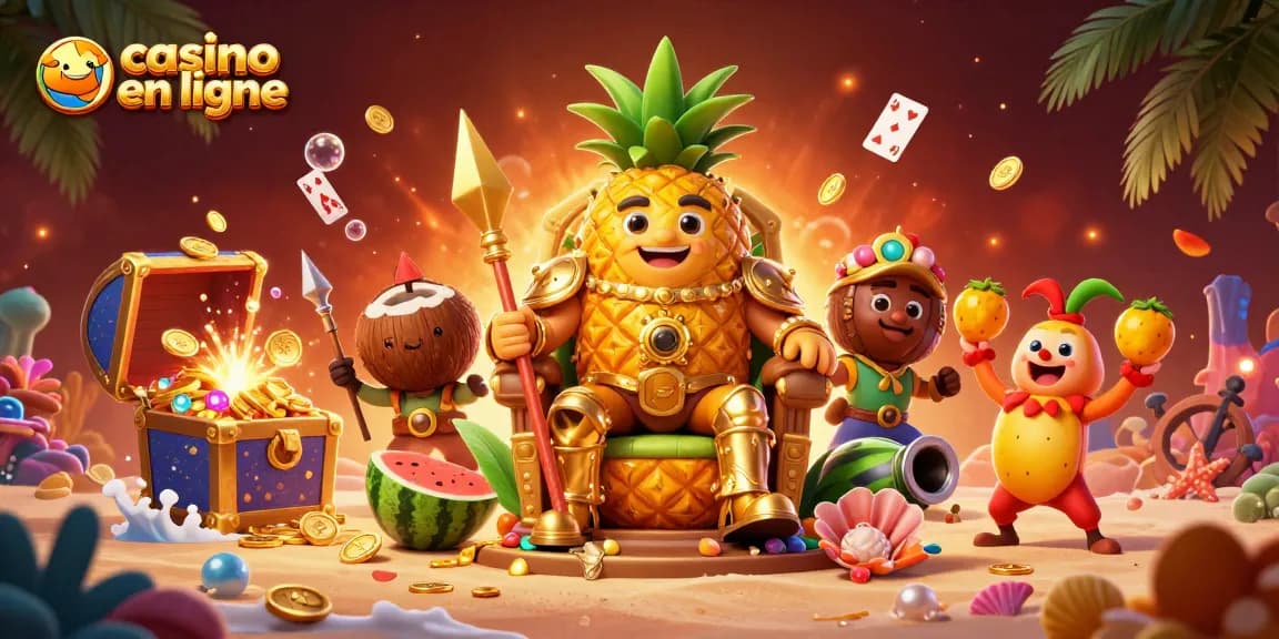 Jouer dans un casino en ligne vibrant avec un roi ananas et des gardes, entouré d'éléments ludiques.