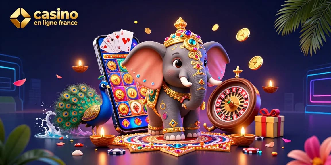 Jouez aux meilleures machines à sous sur les casinos en ligne en France avec des éléphants ornés et des lumières colorées.
