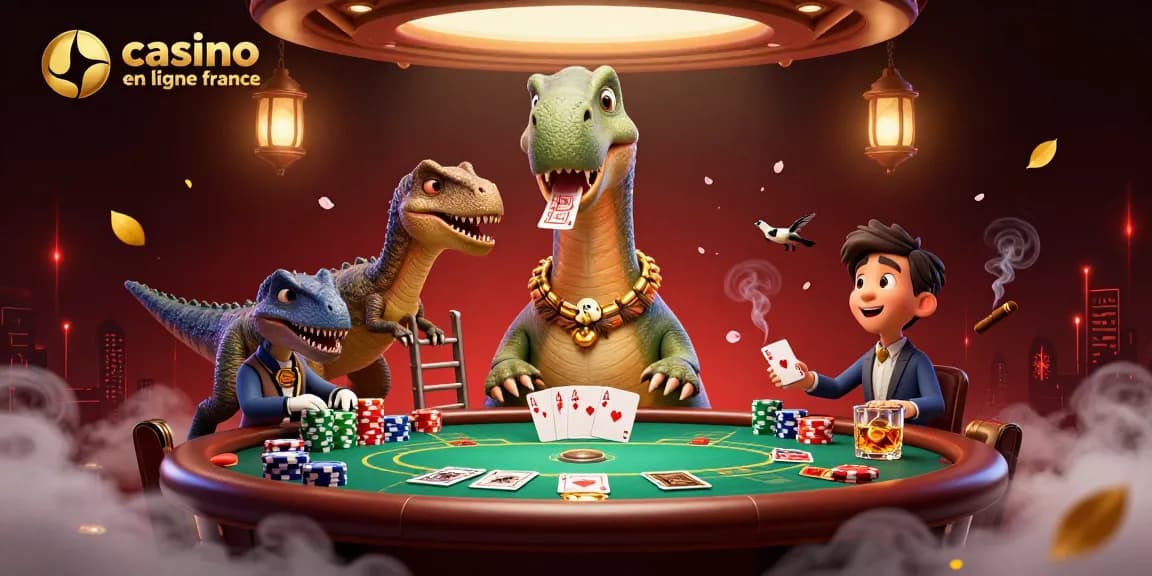 Une scène captivante de casino en ligne France avec des cartes de poker et un brontosaure géant.
