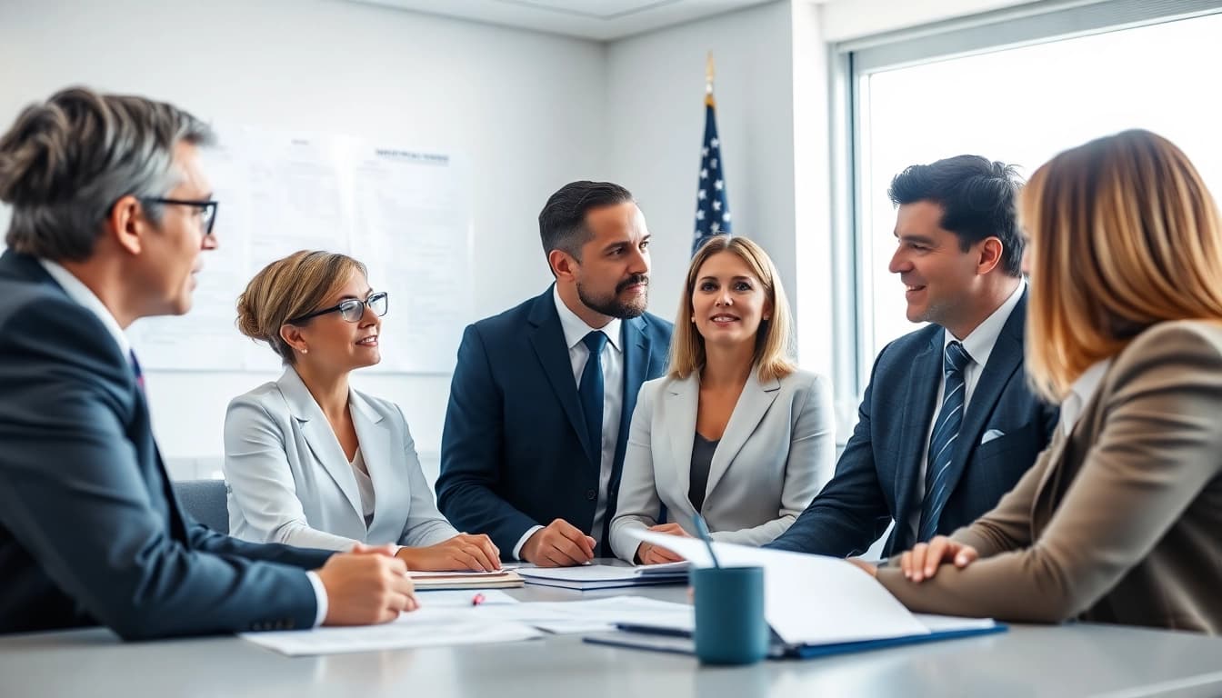 Professional New Hampshire Immigration Lawyer consulting with diverse clients in an office
