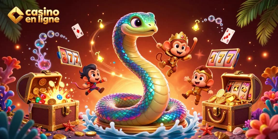 Jouez à des jeux captivants sur un casino en ligne avec une scène pleine de serpent arc-en-ciel et de trésors scintillants.