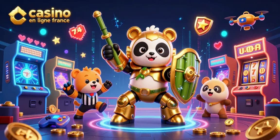 Illustration dynamique du panda doré en mech suit jouant à un casino en ligne France avec des machines à sous.
