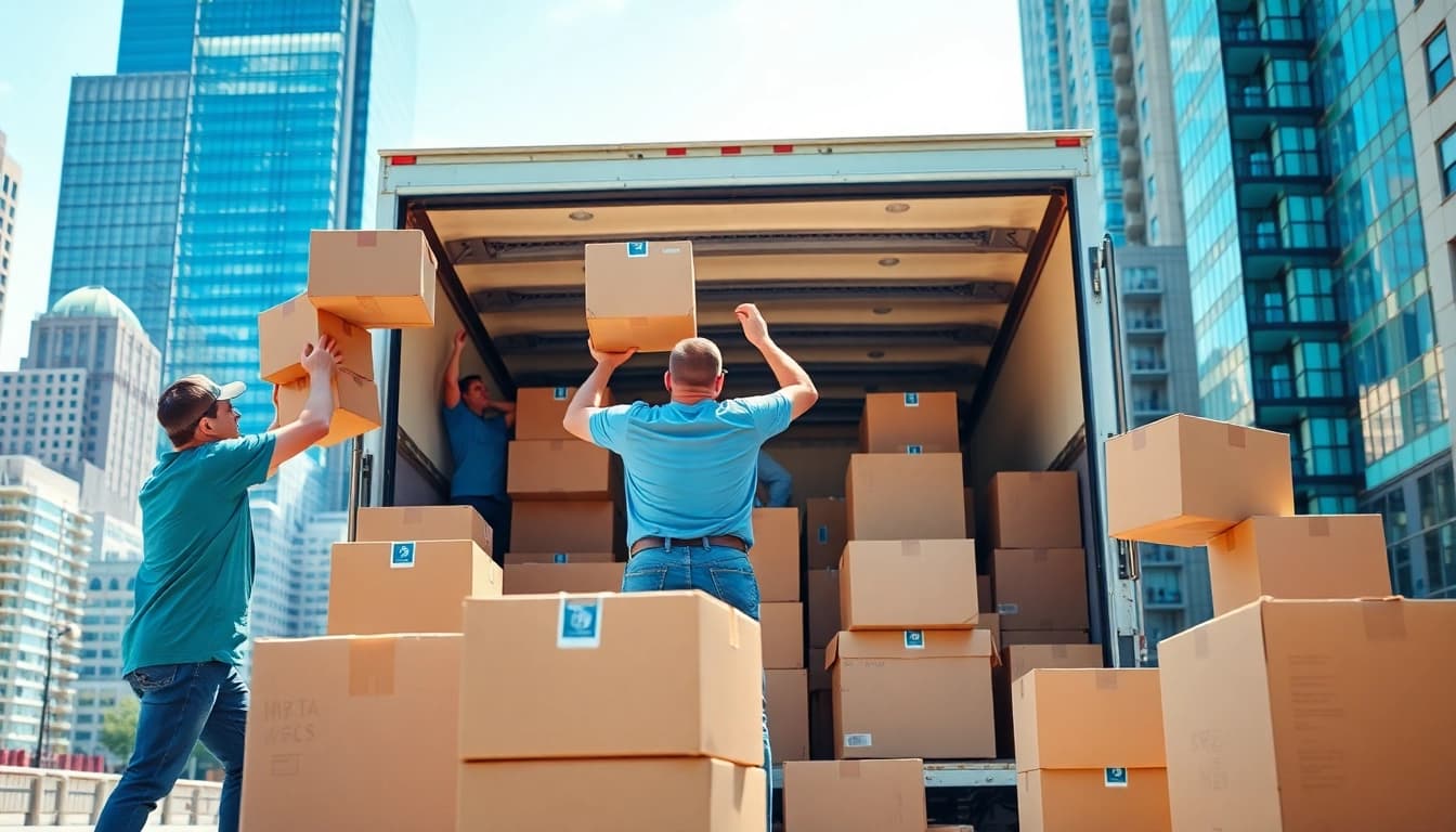 Movers and packers loading boxes onto a truck in a bustling city environment.