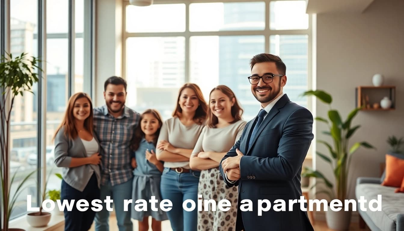 Showcase of Lowest rate guaranteed for cheap apartments highlighting urban family living environment.