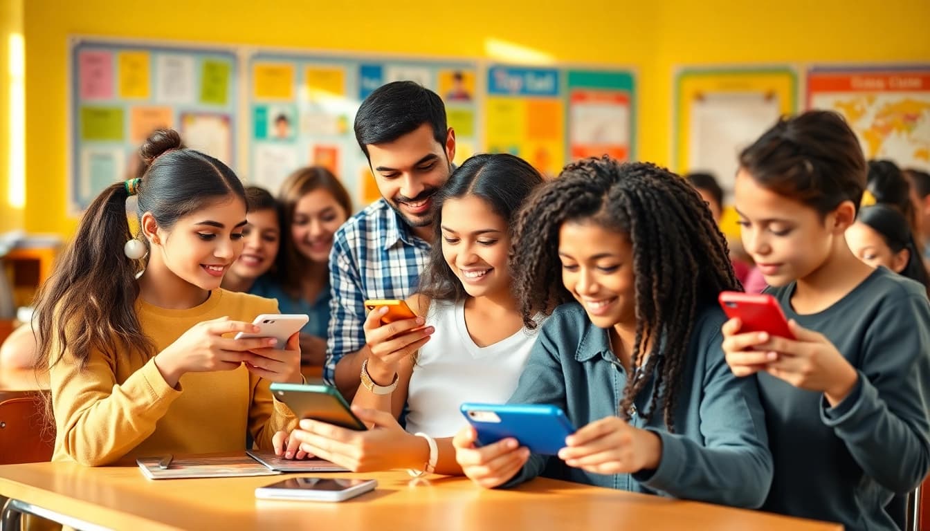Managing phon in school life - students actively engaging with technology in a vibrant classroom