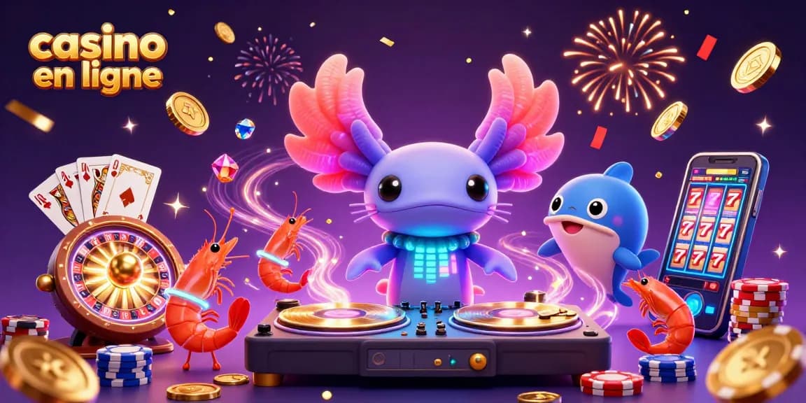Vivez l'excitation du casino en ligne avec une illustration dynamique des jeux et des célébrations.