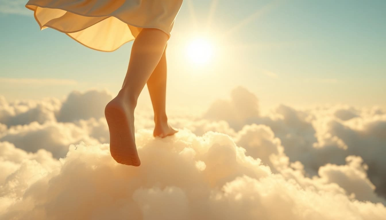 Experience Walking on Clouds with serene feet juxtaposed against fluffy cloud formations in a sunny scene.