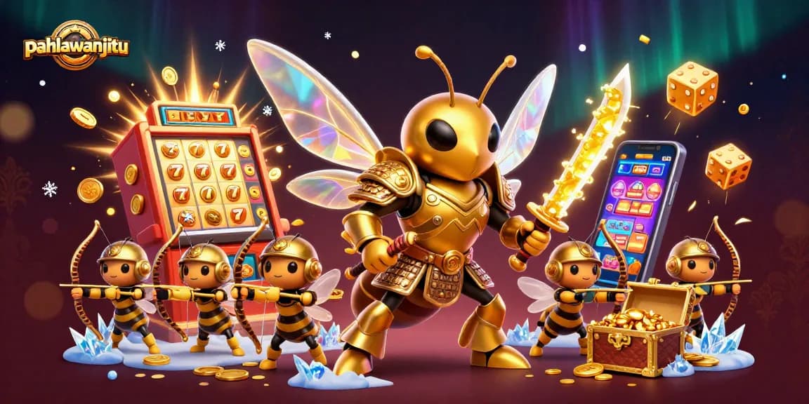Pahlawanjitu showcases a dynamic casino scene with a hornet warrior and 3D slot machine bursting with fortune.