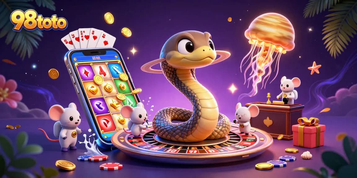 Menang bersama 98toto dengan simbol keberuntungan dan bet slot spektakuler dalam ilustrasi kasino 3D.