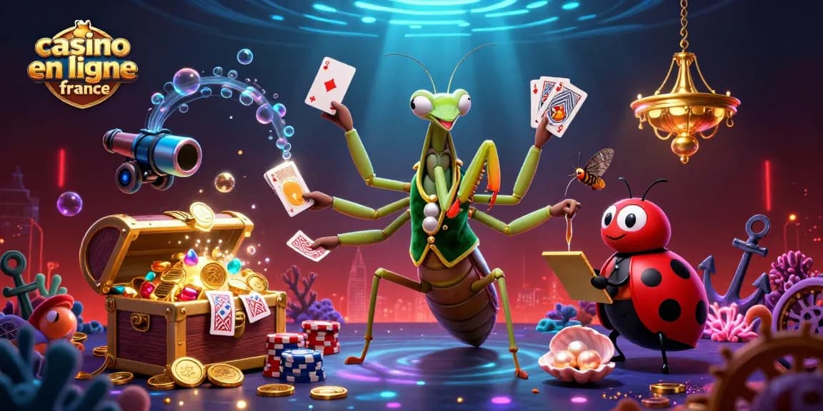 Plongez dans l'univers du casino en ligne France avec cette illustration amusante et dynamique de jeux de cartes sous l'océan.