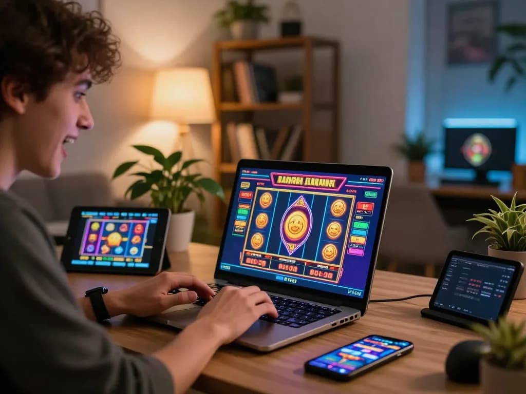 Engaging online gaming scene showcasing a player using slot deposit 2rb on their laptop.